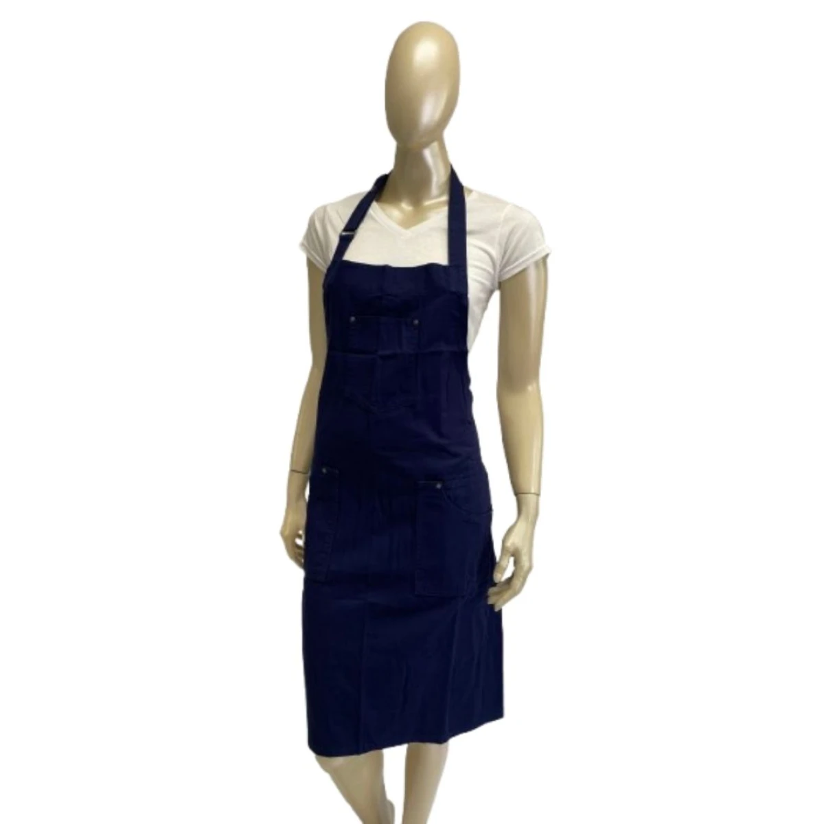 Delantal con peto, tres bolsillos, cuello y cintura ajustable - Azul marino 