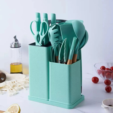 Set Utensilios Cocina 19Pz + Escurridor 3Niv. Drenaje Autom. Turquesa
