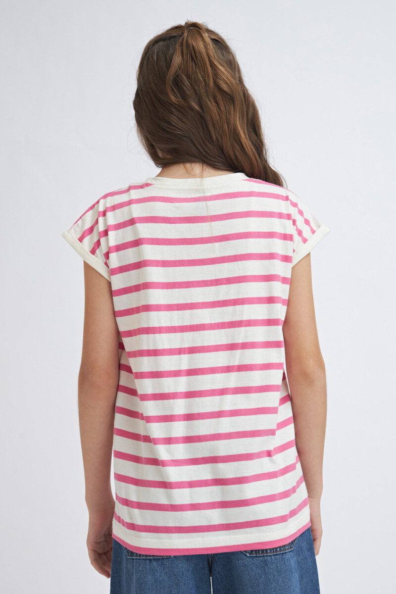 Camiseta manga corta rayada Fucsia