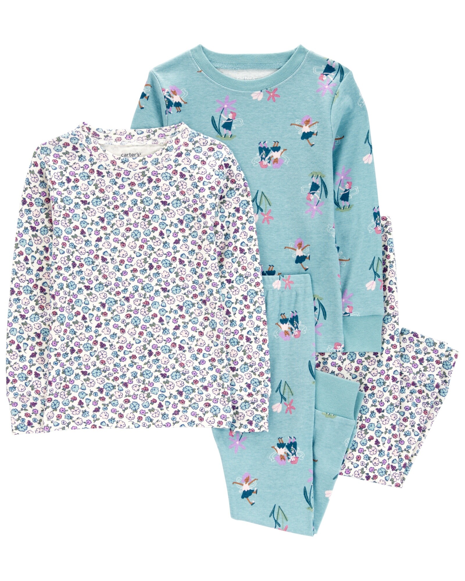 Pijama cuatro piezas de algodón, dos pantalones y dos remeras, diseño hadas Sin color