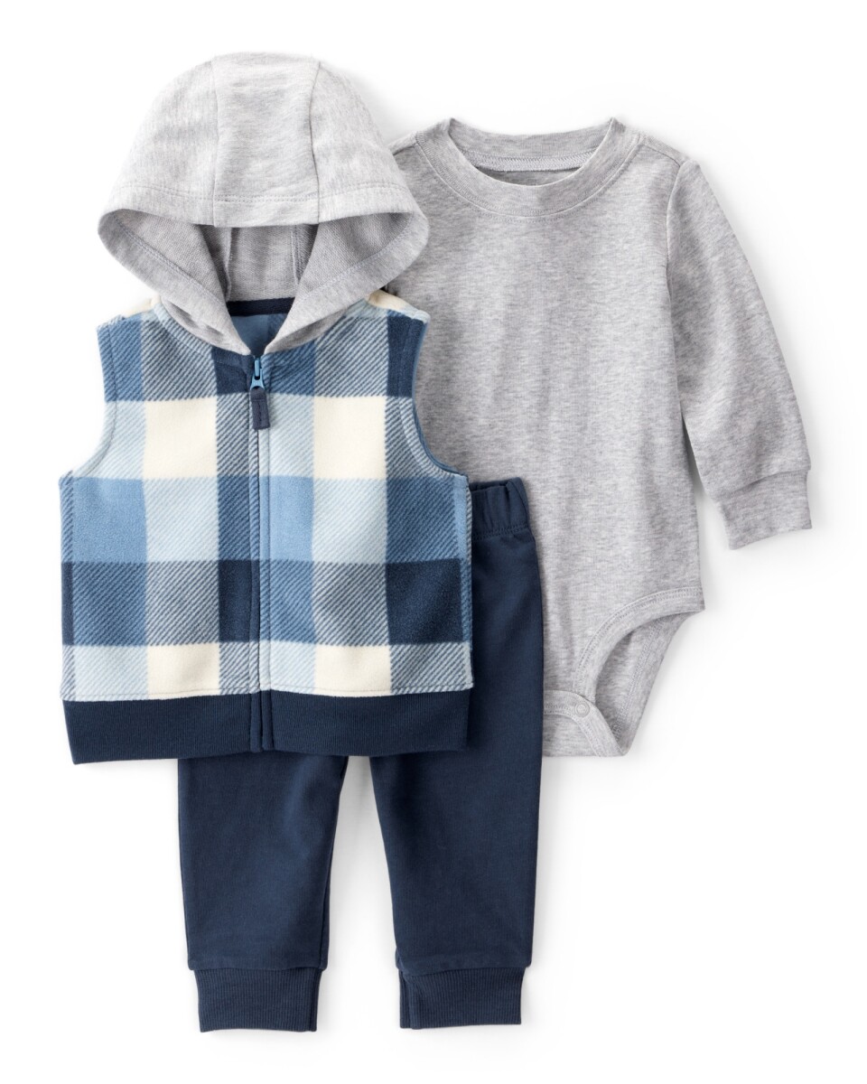 Set tres piezas, chaleco de franela, pantalón y body de algodón 