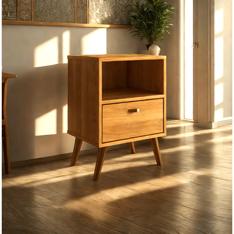Mesa De Luz Nordica Retro Dormitorio 1 Estantes 1 Cajon Pro Marrón