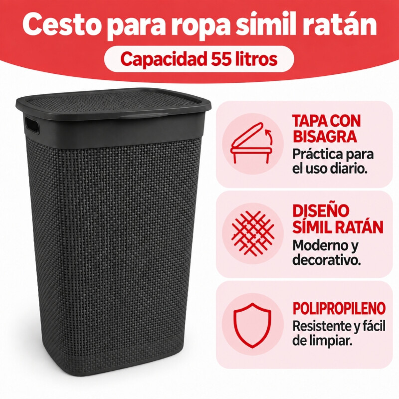Cesto para ropa simil ratán con tapa 55 lts TABACO