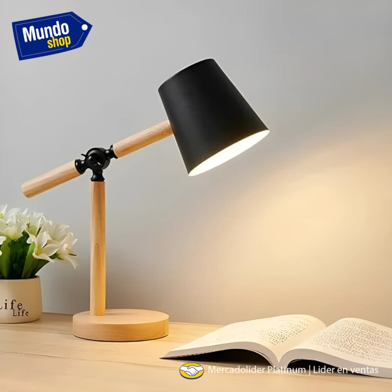 Lampara Escritorio Portátil Nórdica Metal Madera Ajustable Negro