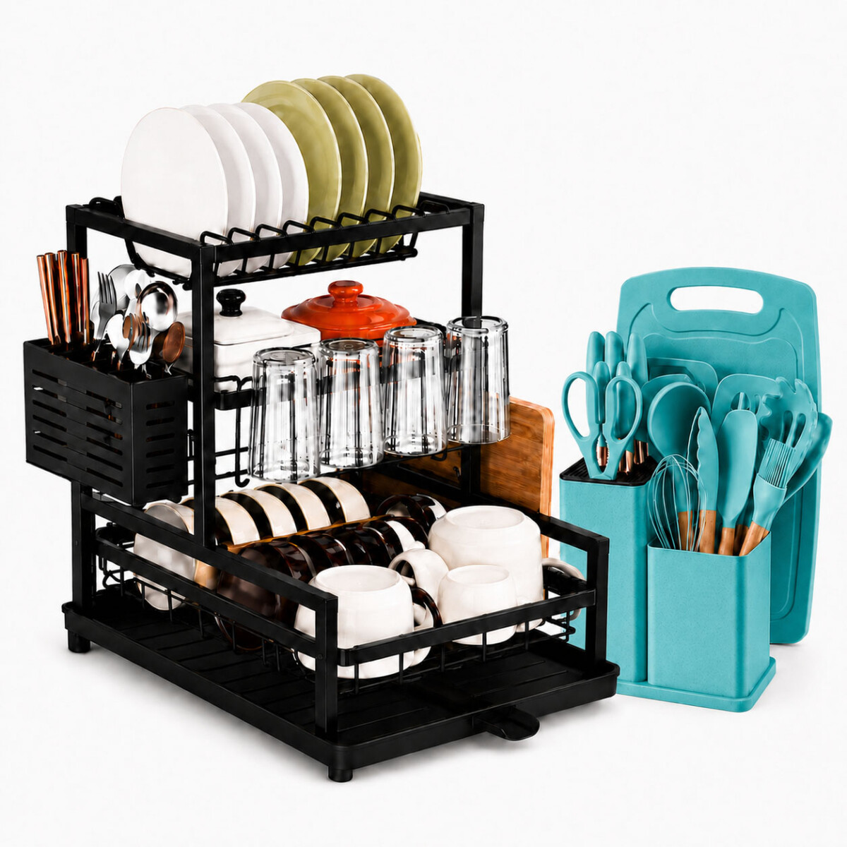 Set Utensilios Cocina 19Pz + Escurridor 3Niv. Drenaje Autom. - Turquesa 
