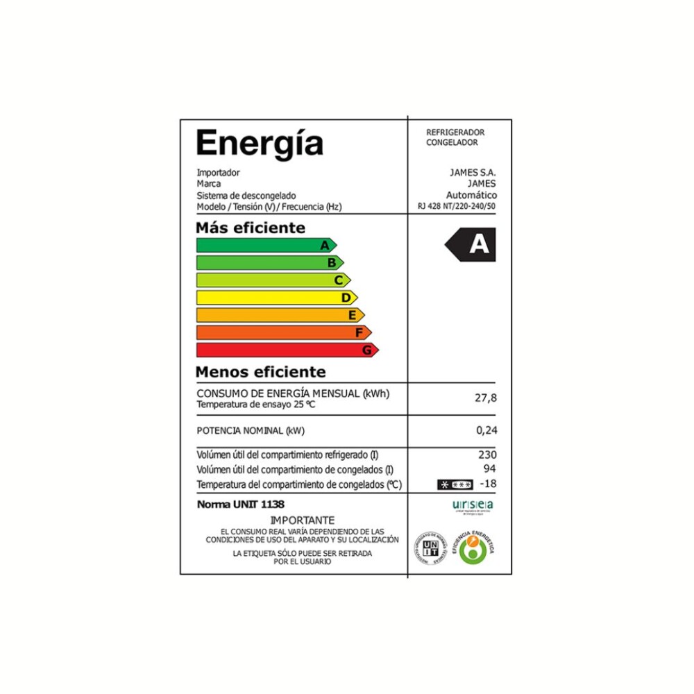 Heladera Blanca 356 L - Modelo RJ 428 NT - James Heladera Blanca 356 L - Modelo RJ 428 NT - James