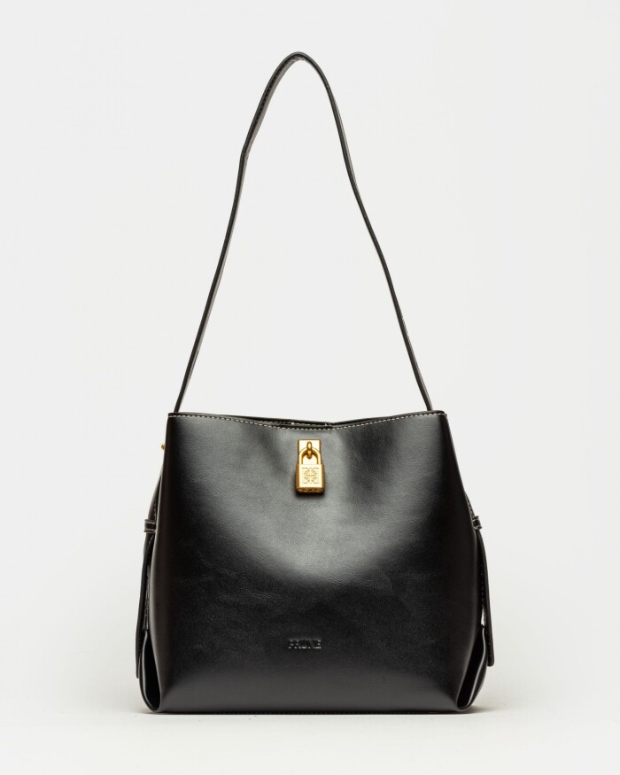 Cartera al hombro The Lock en efecto cuero liso Negro