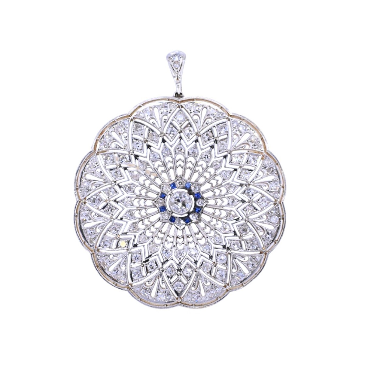 Colgante y prendedor antiguo en oro 18 k, brillantes y zafiros sintéticos. 