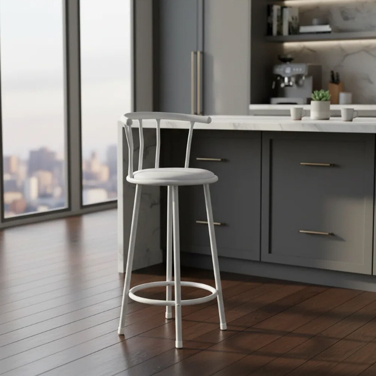 Butaca Taburete Alta De Bar Metal Asiento Acolchonado - Blanco 