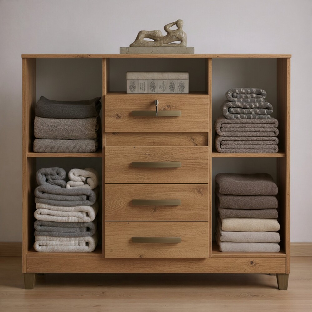 CÓMODA CAJONERA GUARDARROPA 4 CAJONES 2 PUERTAS CON LLAVE MARRÓN-GRIS