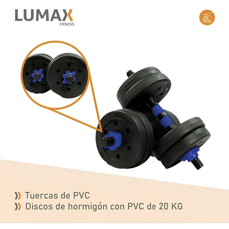 Set 2 Mancuernas Lumax + Barra 2 En 1 + 20kg Discos Pesas Azul