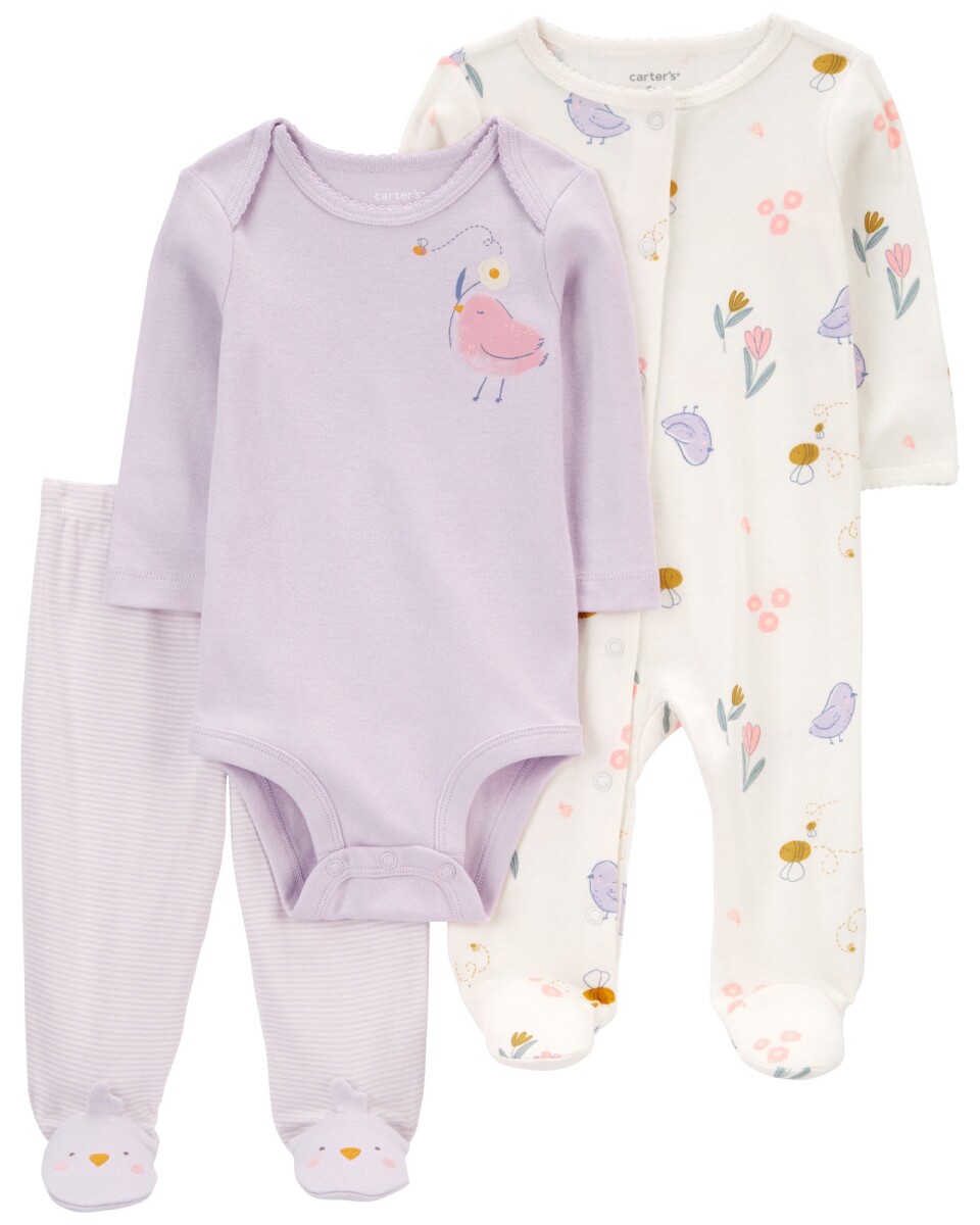 Set tres piezas de algodón, pijama con pie, pelele y body, diseño pájaro 