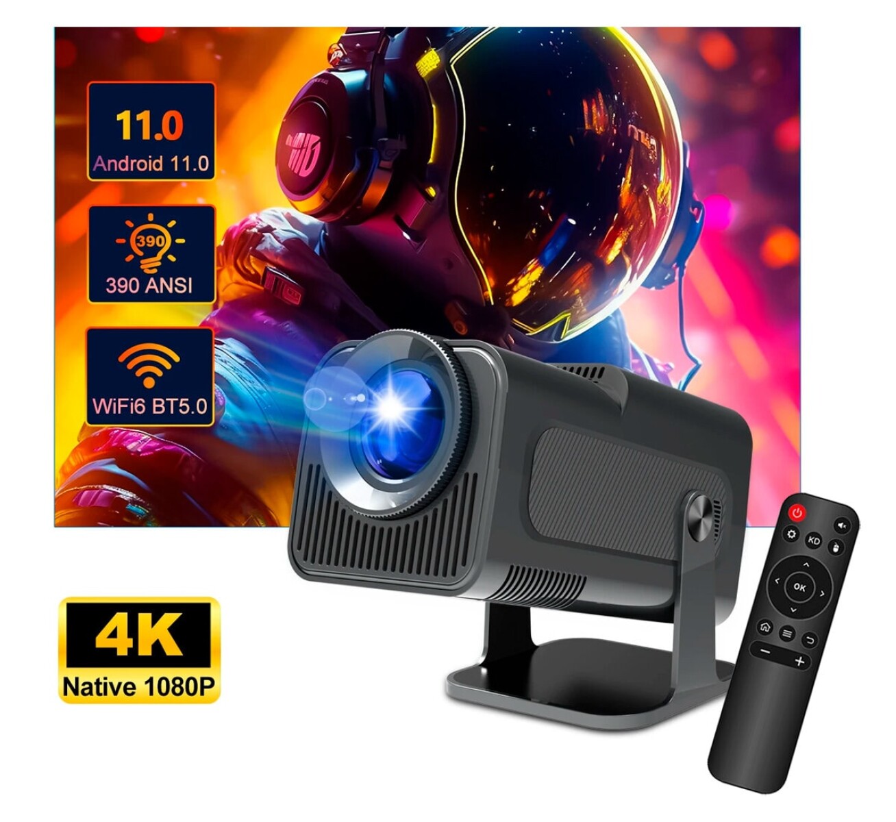 Proyector 4K Dual Wifi Android 11 HDMI 1080P Nativo HY320 