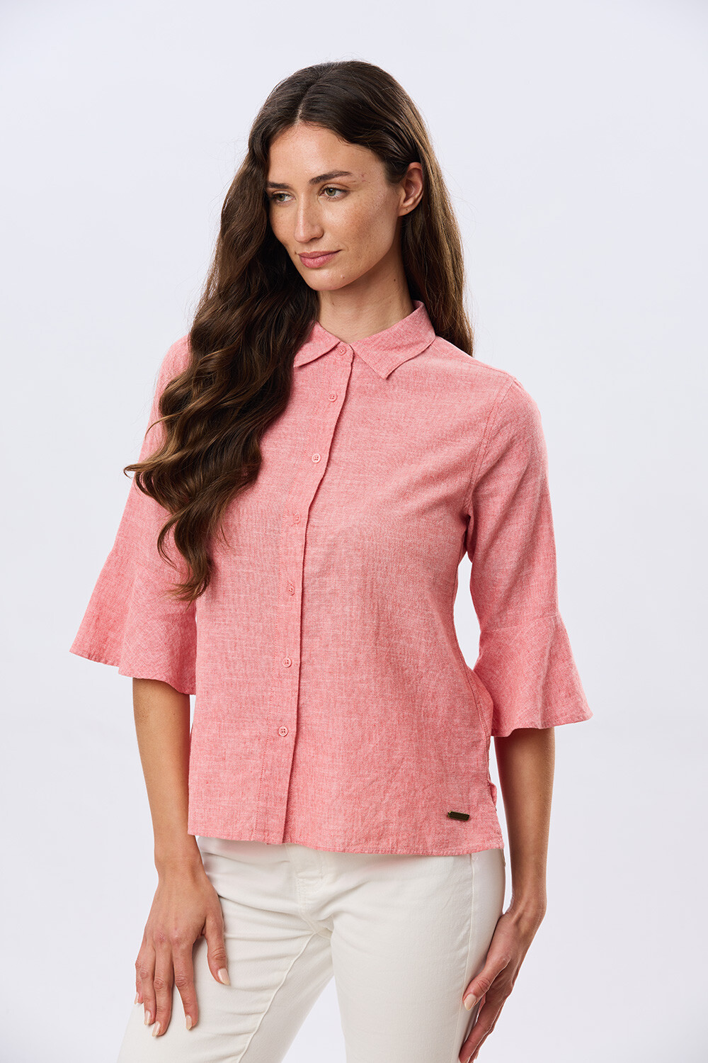 CAMISA DE LINO CON VOLADOS Ladrillo