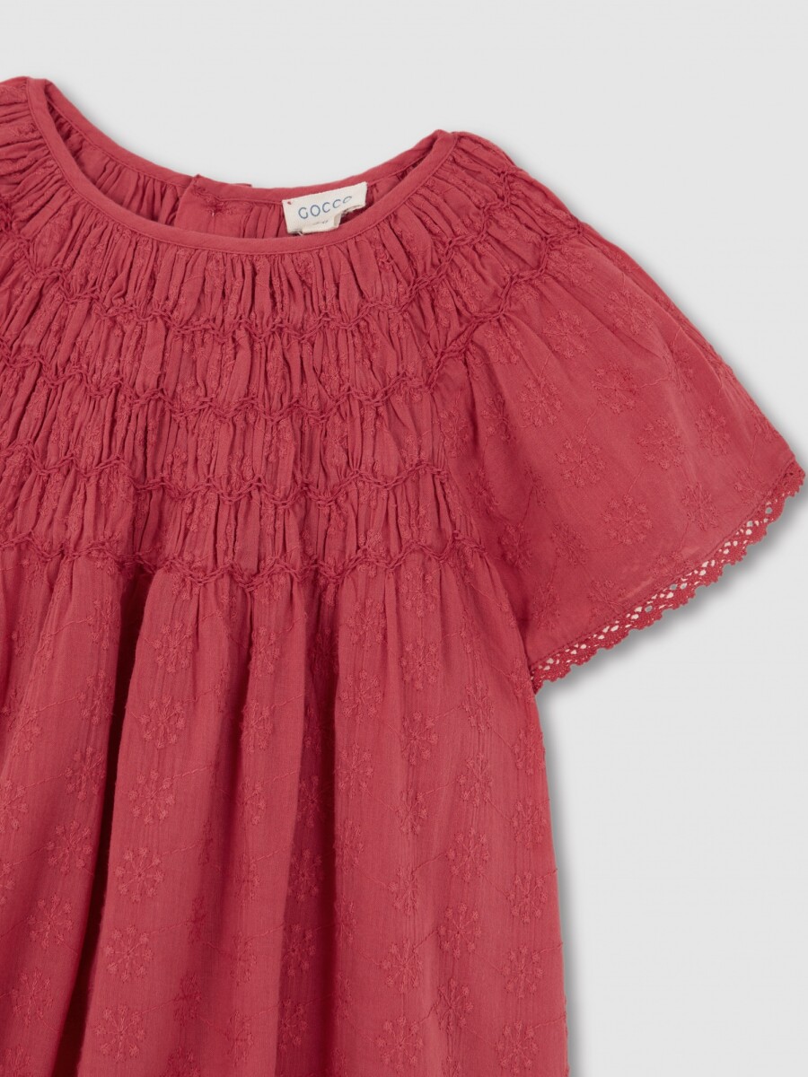 Vestido Nido De Abeja Con Tiras Bordadas Fucsia