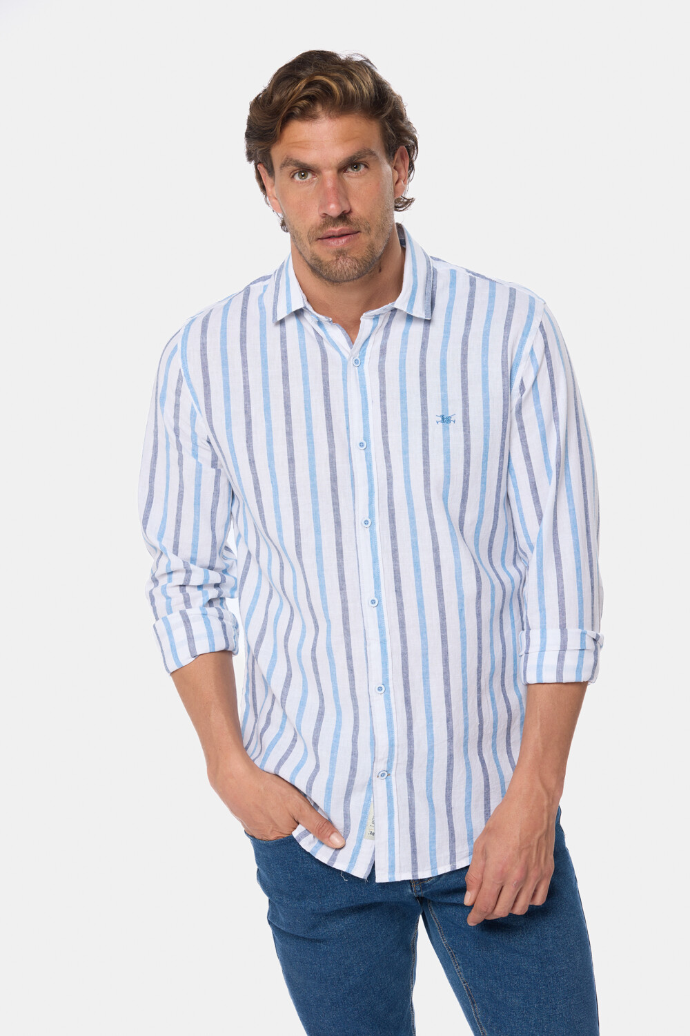 CAMISA DE LINO RAYADA Azul