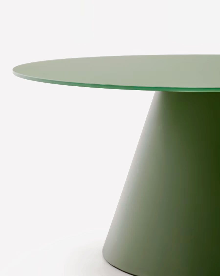Mesa de centro Wilshire cristal templado glaseado y acero acabado pintado verde mate Ø80cm Mesa de centro Wilshire cristal templado glaseado y acero acabado pintado verde mate Ø80cm