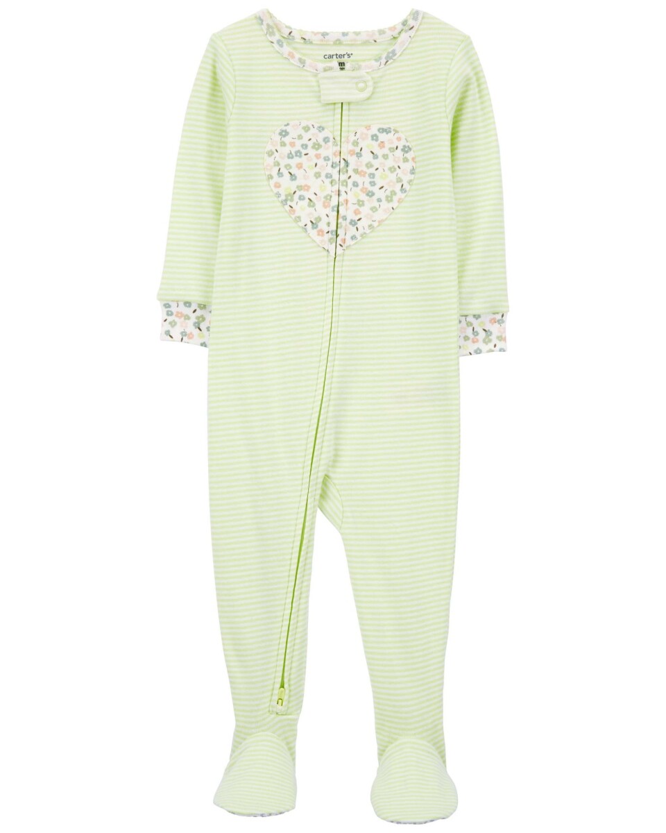 Pijama una pieza de algodón, con pie, verde, estampa corazón 