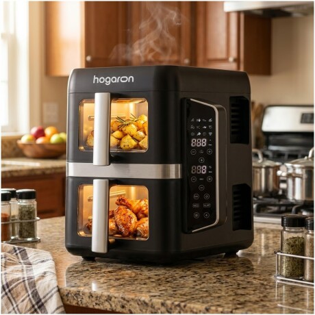 Freidora de Aire Doble Canasto Vertical HOGARON HGAF12DBK 2400W Capacidad 9L Con Panel Digital Y Visor Freidora de Aire Doble Canasto Vertical HOGARON HGAF12DBK 2400W Capacidad 9L Con Panel Digital Y Visor