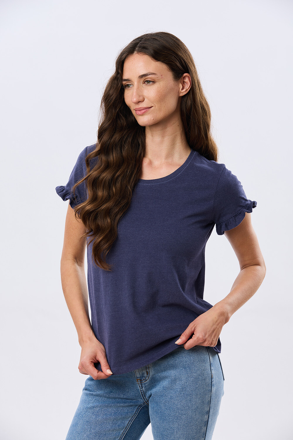 REMERA DE ALGODÓN CON VOLADO Azul