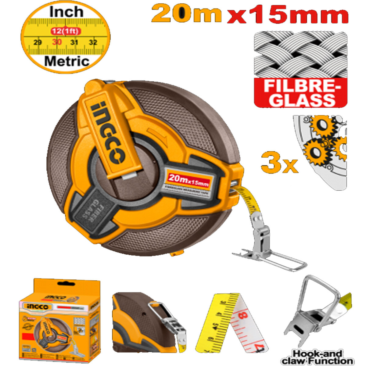 CINTA METRICA AGRIMENSOR 20MT X 15MM CON GANCHO Y MANIJA DE GOMA INGCO HFMT1820 