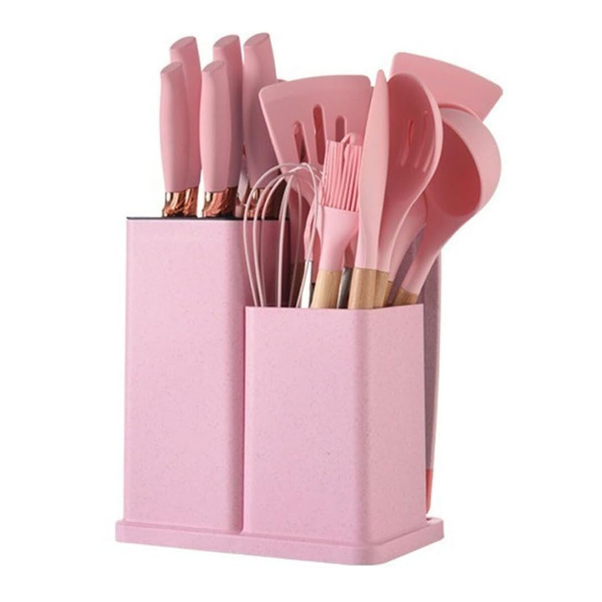 Set Cocina Menage 19Pz Utensillos Cuchillos Tabla c/Soporte - Rosa 