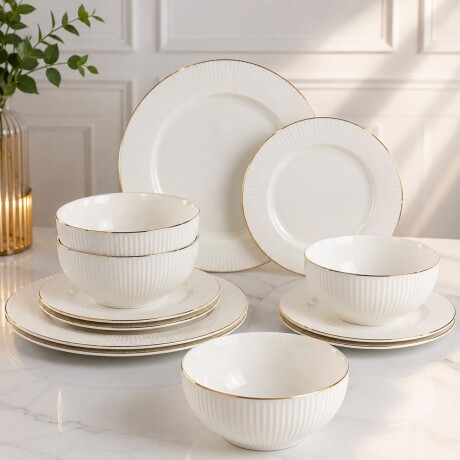 Vajilla Verona de Porcelana 18 Piezas Blanco con Borde Dorado Vajilla Verona de Porcelana 18 Piezas Blanco con Borde Dorado