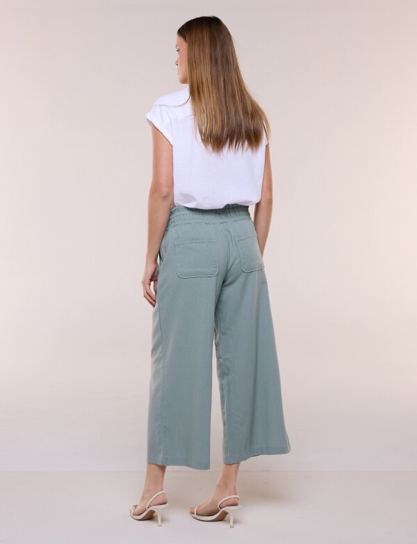Pantalón De Lino Crop Con Cintura Elastizada VERDE