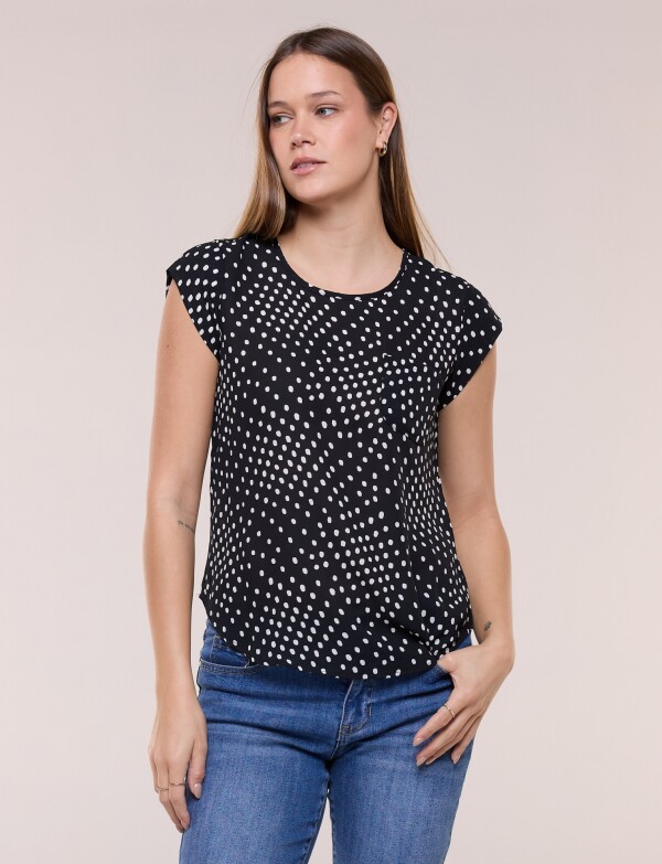 Blusa De Gasa Manga Corta Con Bolsillo Frontal NEGRO/BLANCO
