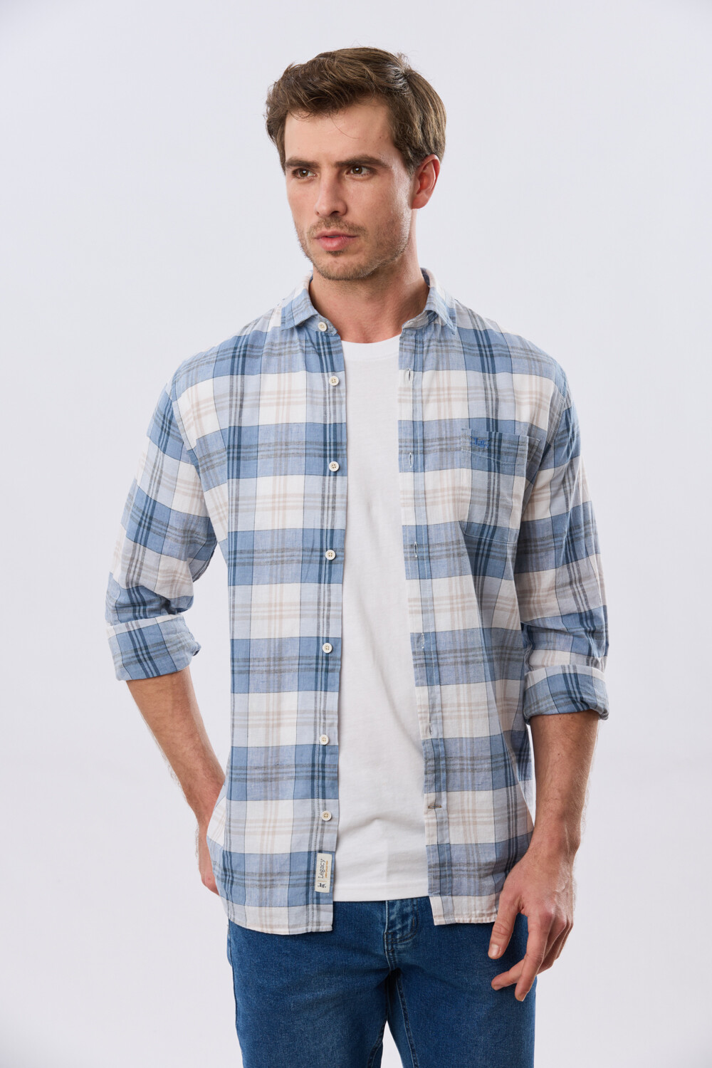 CAMISA CUADROS DE LINO Celeste