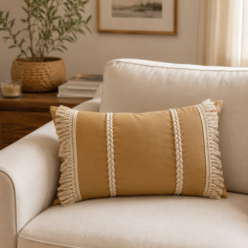 Almohadón con Trenzas y Flecos 50x30cm Beige