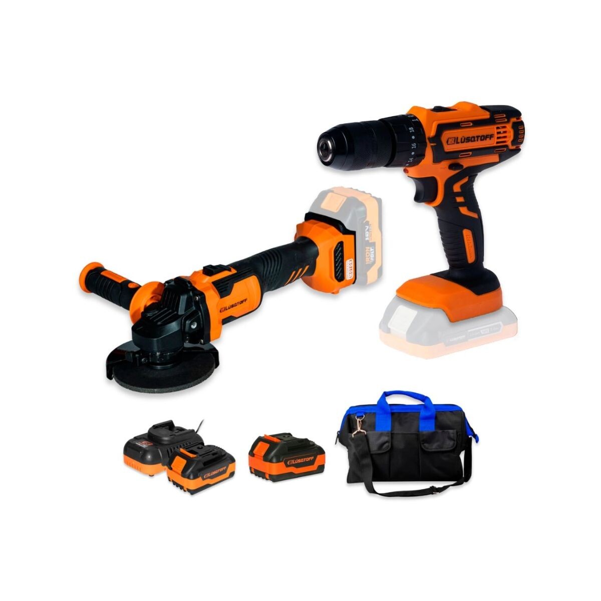 Kit Atornillador + Amoladora Inalambrica Lusqtoff 18v +bolso 