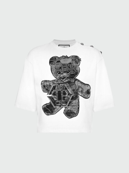 PHILIPP PLEIN - Camiseta corta con strass Oso Teddy Blanco