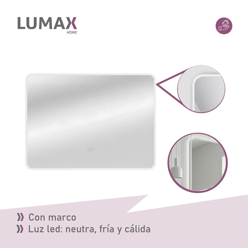 Espejo Horizontal Lumax Suleban c/marco y luz 120x70cm Blanco