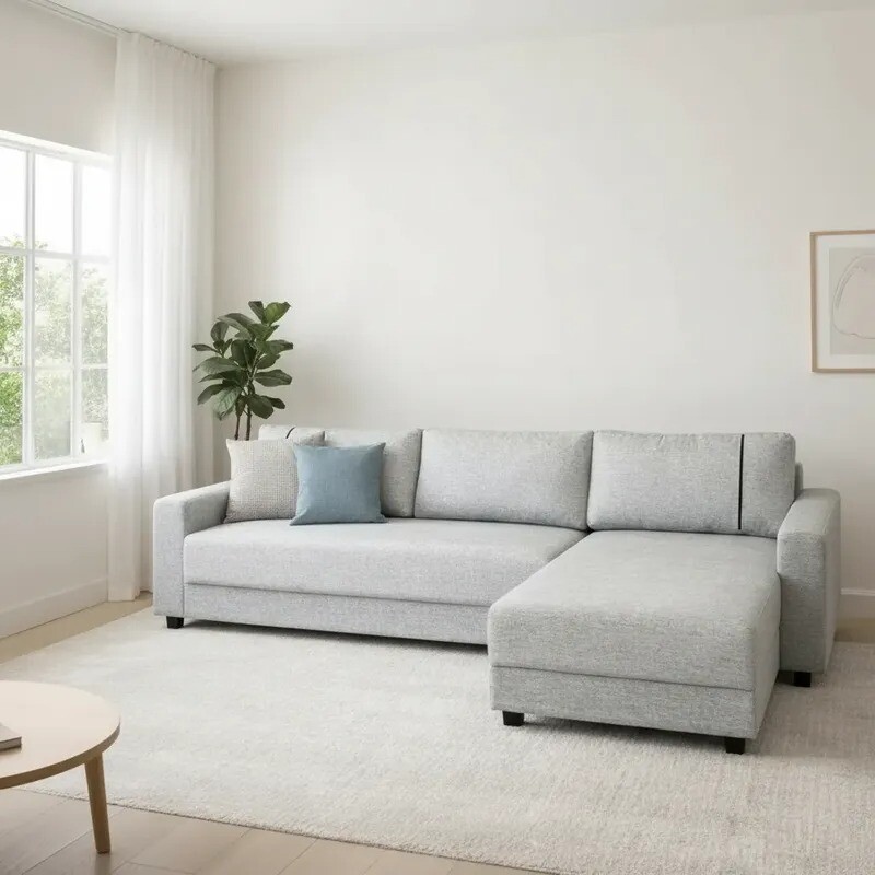 Sofá 3 Cuerpos + Chaise Izquierdo - Tela gris con puntos negros y crudos Sofá 3 Cuerpos + Chaise Izquierdo - Tela gris con puntos negros y crudos