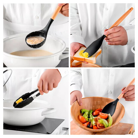 Set de utensilios de cocina 12 accesorios con soporte en ba Negro