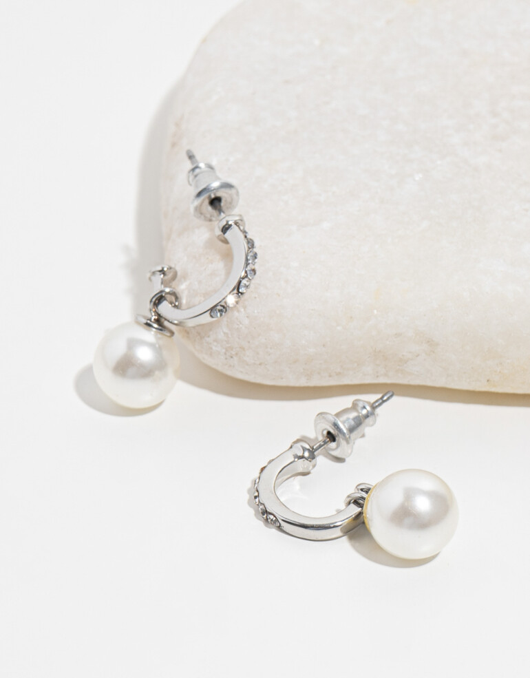 Aros Colgantes Cortos Perla Aros De Perlas - Plateado Rodio