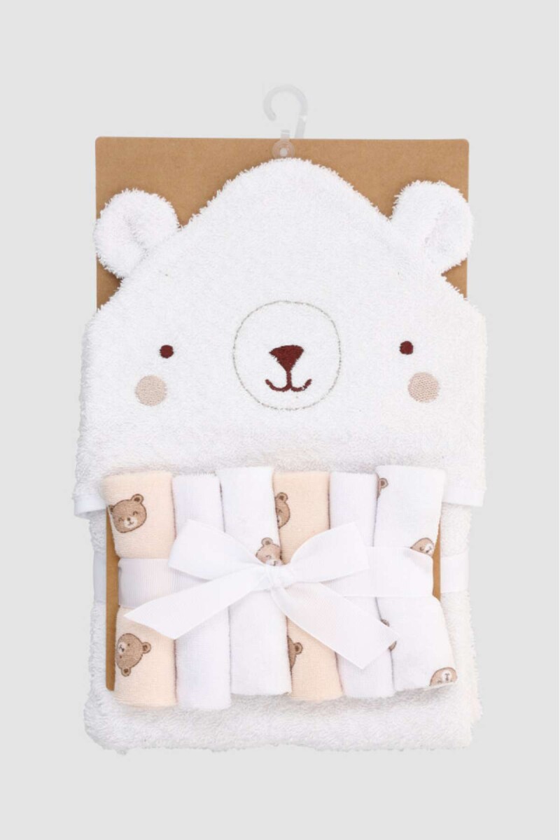 Set toalla con capucha + 6 babitas para bebe - Marfil 