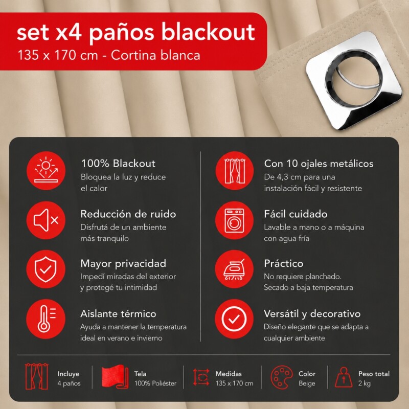 Set x4 paños cortina blackout 1,35m x 1,70m BEIGE