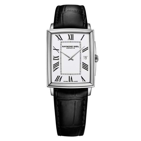 Reloj Raymond Weil Toccata rectangular con correa de cuero negra y esfera blanca Reloj Raymond Weil Toccata rectangular con correa de cuero negra y esfera blanca