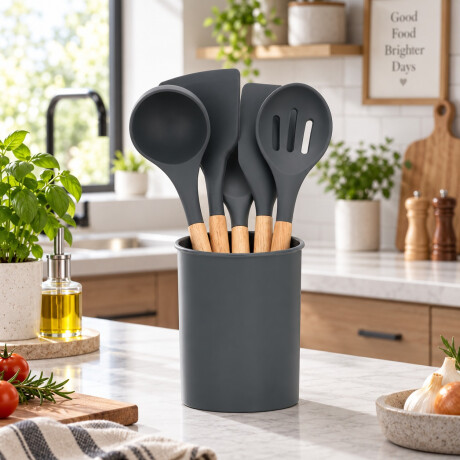 Utensilios para Cocina de Silicona y Mango de Madera 6 Piezas Gris