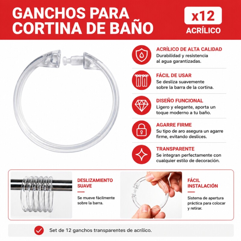 Ganchos para cortina de baño x12 acrilico S/C