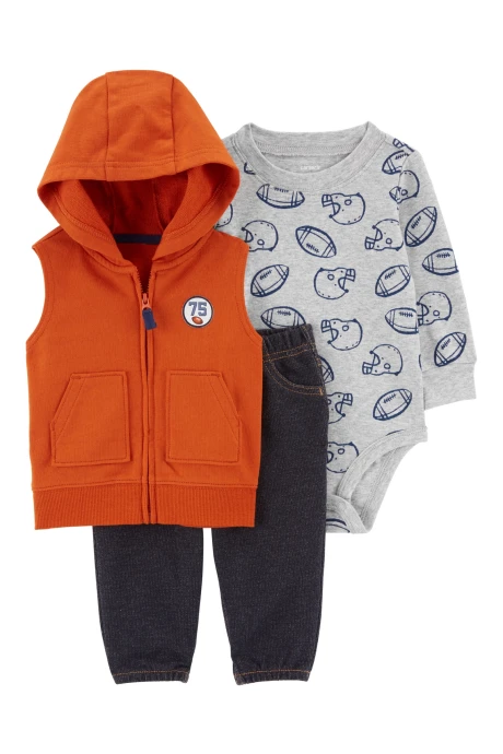 Set tres piezas chaleco y body de algodón, con pantalón jean Set tres piezas chaleco y body de algodón, con pantalón jean