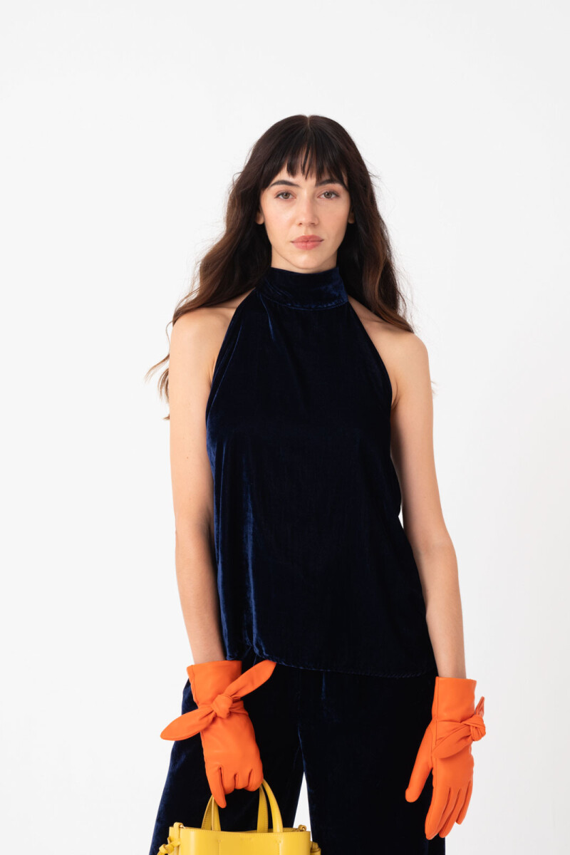 TOP HALTER, EN VELVET Azul