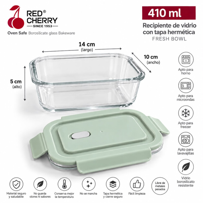 Recipiente Hermético Vidrio Borosilicato 410ml con Tapa Verde