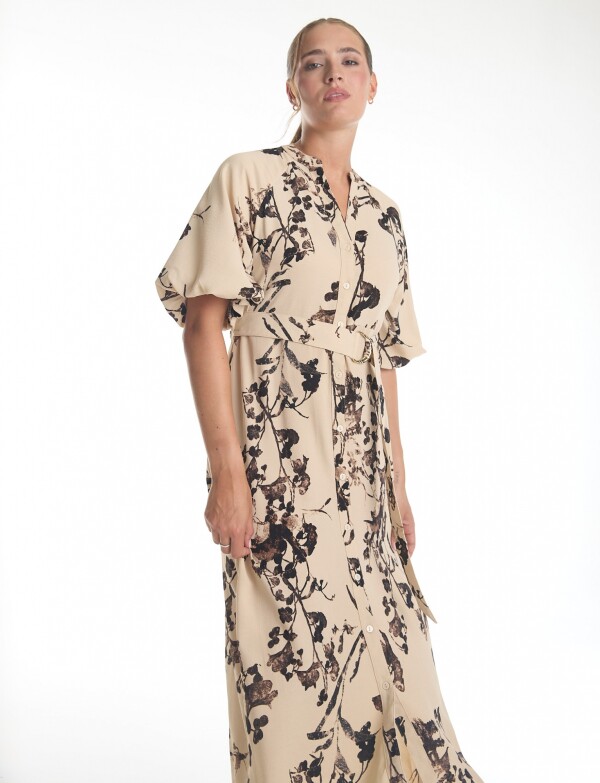 Vestido Maxi Cinto Flores BEIGE/MULTI