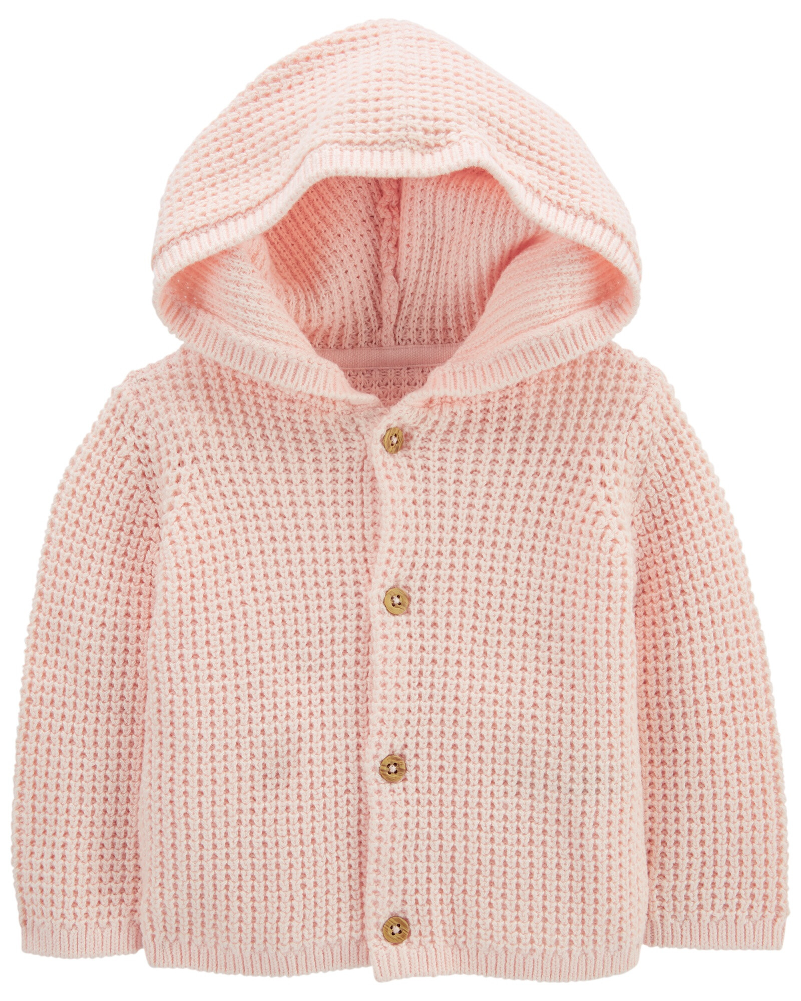 Saco de punto con capucha, rosado. Talles 0-24M Saco de punto con capucha, rosado. Talles 0-24M