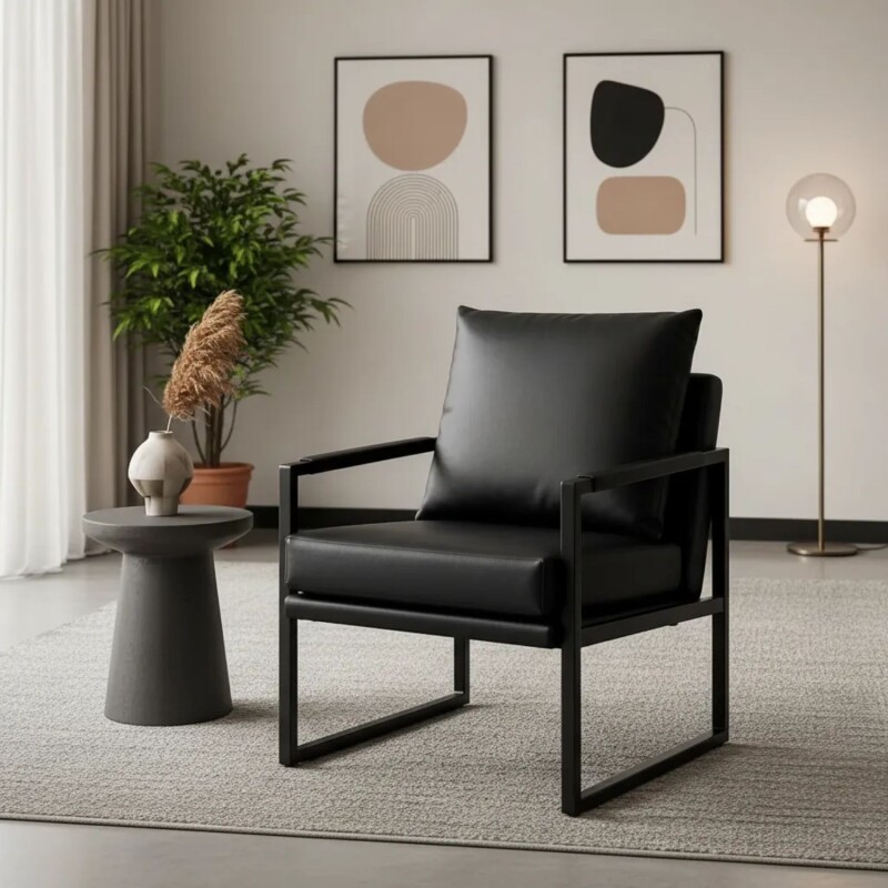 Sillón Poltrona Individual en Eco Cuero y metal Negro