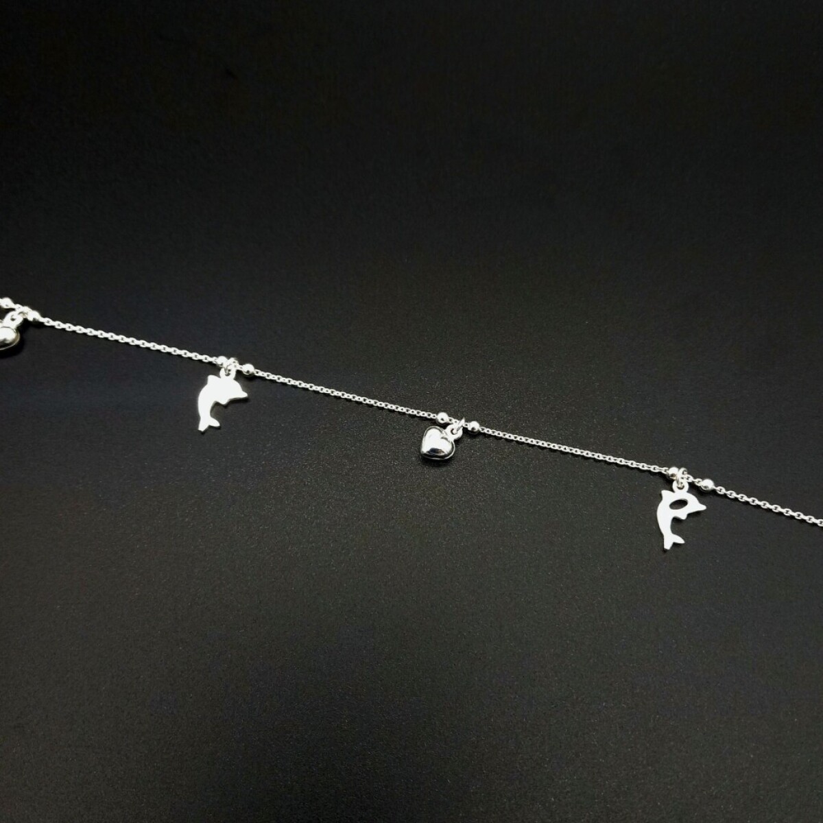 Tobillera de Plata 925 con Delfines y Corazónes - Largo 2 cm 