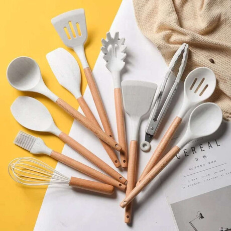 Set de utensilios de cocina 12 accesorios con soporte en ba Blanco